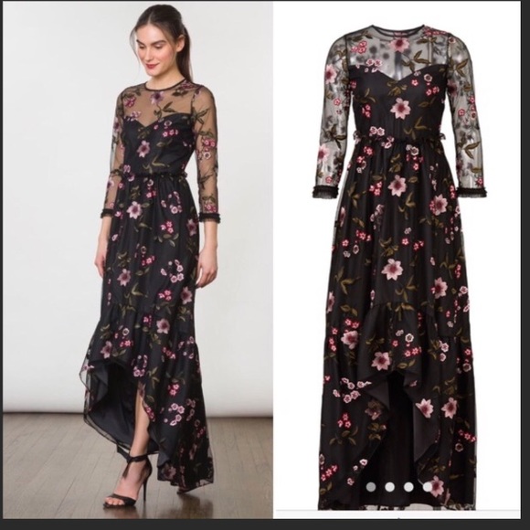 Shoshanna Dresses & Skirts - Shoshanna Floral Mesh Gown Black Pink Sheer Dress